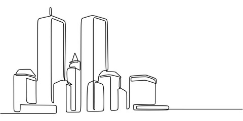 Continuous Line Drawing of High-Rise Skyscrapers Modern Architecture City Landscape Design © berkahlineart