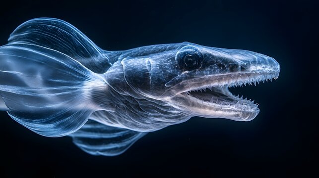 Ethereal aquatic creature glides through dark water, showcasing translucent fins and sharp teeth, embodying the mystery of the ocean depths.