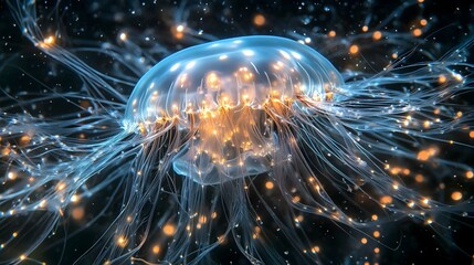 Stunning, glowing jellyfish floating gracefully underwater, illuminated by sparkling lights, creating a mesmerizing aquatic spectacle.