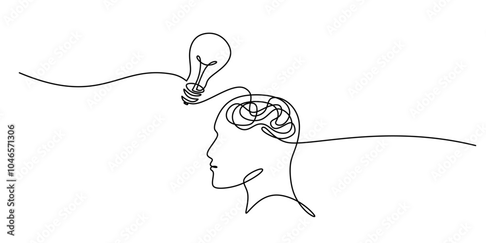 Wall mural continuous line drawing of brain with light bulb for creative ideas minimalist design vector