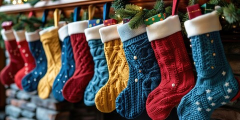 Colorful holiday stockings elegantly displayed on a festive mantle ready for seasonal celebrations