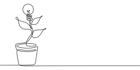Light Bulb Plant Growing from Pot Eco-Friendly Energy Concept Minimalist One Line Drawing