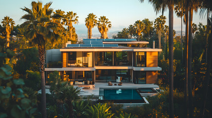 Obraz premium A beautiful photography of an energy-efficient home, surrounded by palm trees, with multiple solar panels installed across the roof, blending modern design with environmental responsibility.