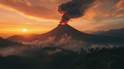 Stunning volcanic eruption bathed in sunset glow over majestic mountain range landscape