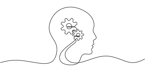 Human Head with Gears Inside Continuous Line Drawing for Psychology Concept Minimalist Design