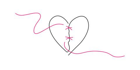 Continuous Line Stitched Heart Symbol Minimalist Love Concept Vector Illustration