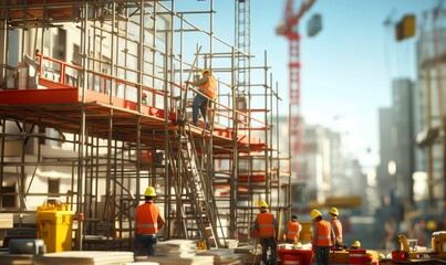 Construction workers on scaffolding building a structure.