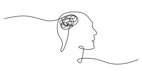 Continuous Line Drawing of Human Head and Brain for Psychology Concept Minimalist Design