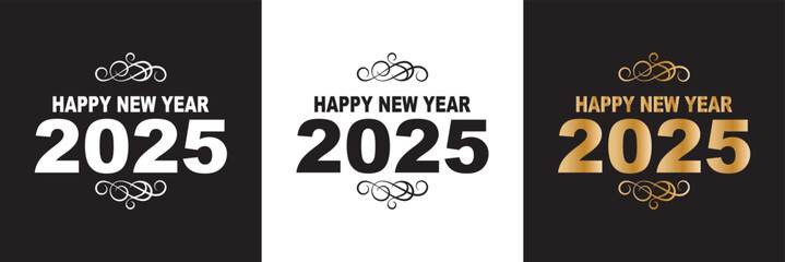 Fototapeta premium Happy New Year 2025 text design vector, Happy New Year 2025 typography logo design. isolated on white and black background. Vector illustration. EPS 10