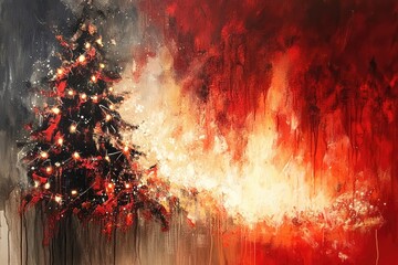 Abstract Painting of a Christmas Tree Against a Red and Orange Background