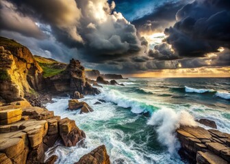 Obraz premium Dramatic Stormy Seascape with Rugged Cliffs and Waves Crashing Against Rocky Shoreline at Dusk