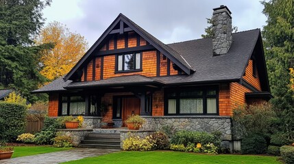 Charming craftsman house with woodwork.