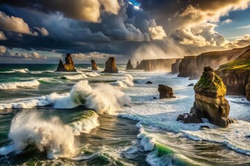 Fototapeta premium Breathtaking Stormy Coastline with Dramatic Sea Stacks and Turbulent Grey Skies Over the Ocean