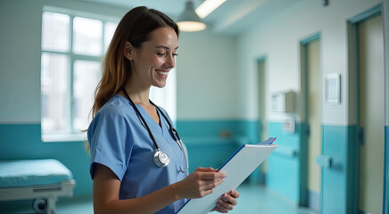 A woman in a blue scrubs is smiling as she looks at a clipboard