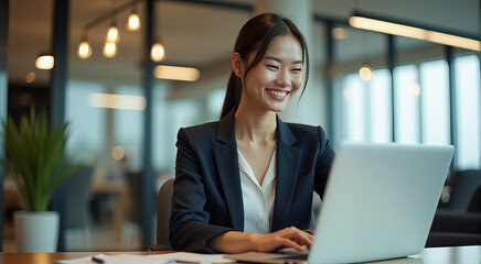 Fototapeta premium A woman in a business suit is smiling while using a laptop