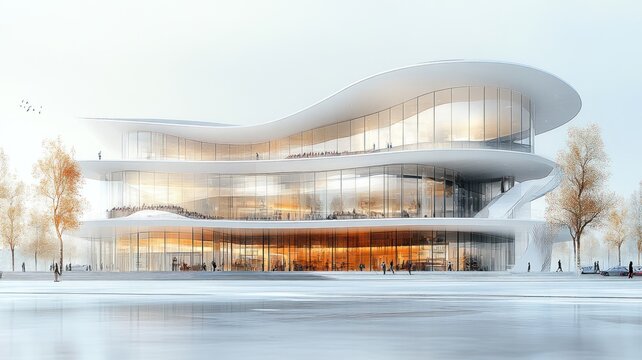 Modern architectural design featuring flowing glass and structural curves.
