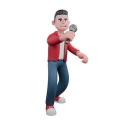  3D Singing Male Character. A male singer stands holding a mic in his left hand with an arrogant expression. Vocalist Cartoon