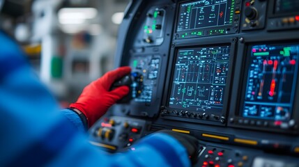 Naklejka premium Experienced Mechanic Examining and Troubleshooting the Electronic Systems of a Helicopter During Routine Maintenance and Inspection Procedures