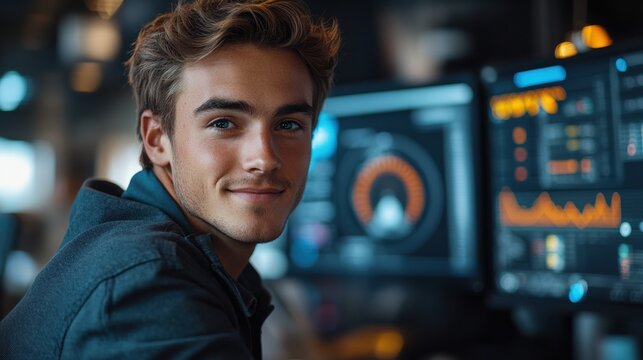 A guy sitting at a computer and smiling at the camera, a data analyst, with selective focus