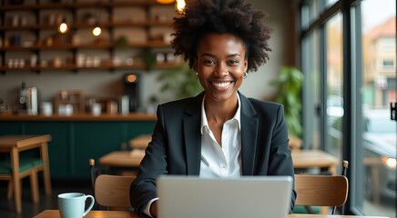 A woman in a black suit is smiling while using a laptop