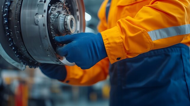 Close up view of a skilled mechanic carefully attaching a new engine mount to the airframe of a jet aircraft