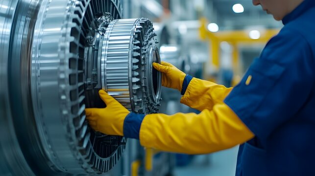 Skilled mechanic carefully attaching and securing a new engine mount to the intricate mechanical joints and fasteners of a jet aircraft component