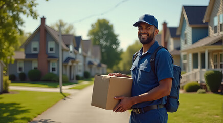 A man in a blue shirt is holding a cardboard box