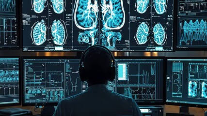 A medical expert reviews intricate brain scans displayed on multiple screens in a modern health facility at dusk - Powered by Adobe
