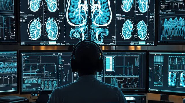 A medical expert reviews intricate brain scans displayed on multiple screens in a modern health facility at dusk
