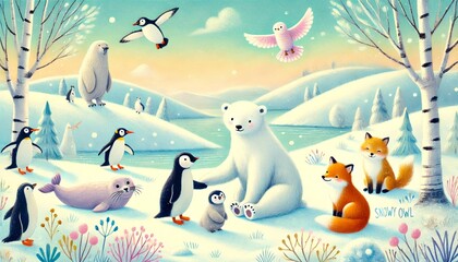 Obraz premium A Peaceful Winter Wonderland of Arctic Animals Joyfully Interacting in a Snowy Landscape with Soft Pastel Skies