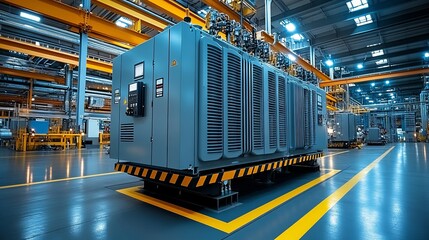 A large, modern industrial transformer is situated in a spacious, well-lit factory environment, representing power and technological advancement.