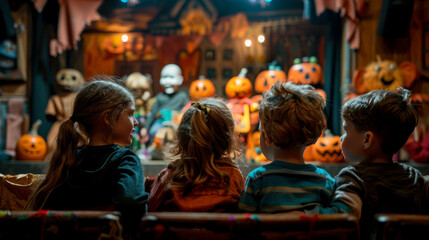 Obraz premium Halloween themed puppet show captivates children with moving characters and festive decorations, creating magical atmosphere filled with excitement and joy