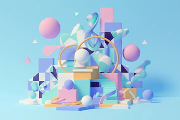 Vibrant abstract geometric shapes creating three-dimensional pastel artwork.