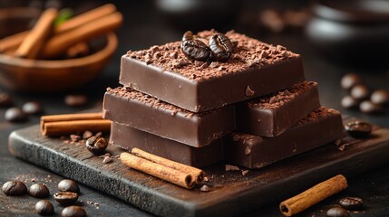 A stack of rich chocolate bars topped with coffee beans, surrounded by cinnamon sticks, displays a tantalizing blend of flavors and cozy, inviting ambience.