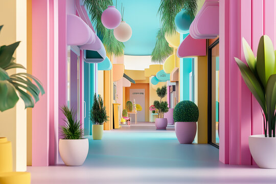 Colorful contemporary shopping mall corridor with vibrant plants and decorations