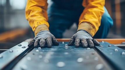 Skilled aircraft mechanic securing a panel on the fuselage of an airplane showcasing a detailed view of the rivets and bolts used in the repair and maintenance process