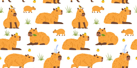 Fototapeta premium Capybaras vector seamless pattern on white background. 