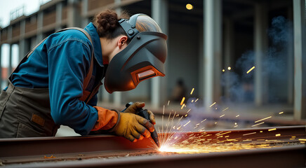 A woman wearing a black helmet and gloves is working on a piece of metal
