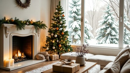Fototapeta premium Christmas tree, gifts and fireplace in the living room on the background of the winter landscape