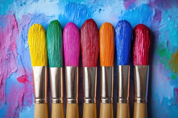 Fototapeta premium Vibrant paintbrushes display colorful paint ready for creative artistry on canvas