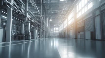 Fototapeta premium The empty grey factory space showcases an industrial atmosphere with an open layout and concrete walls, suitable for manufacturing and creative projects, evoking a sense of abandonment and opportunity