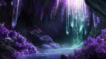 Fototapeta premium Mystical Crystal Orchid Canyon with Cascading Waterfall and Glowing Foliage