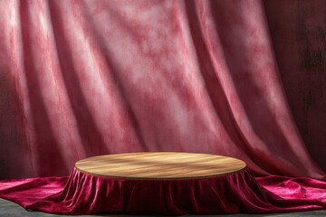 Empty wooden podium on table with tablecloth over viva magenta background. Valentines day mock up for design and product display with generative ai