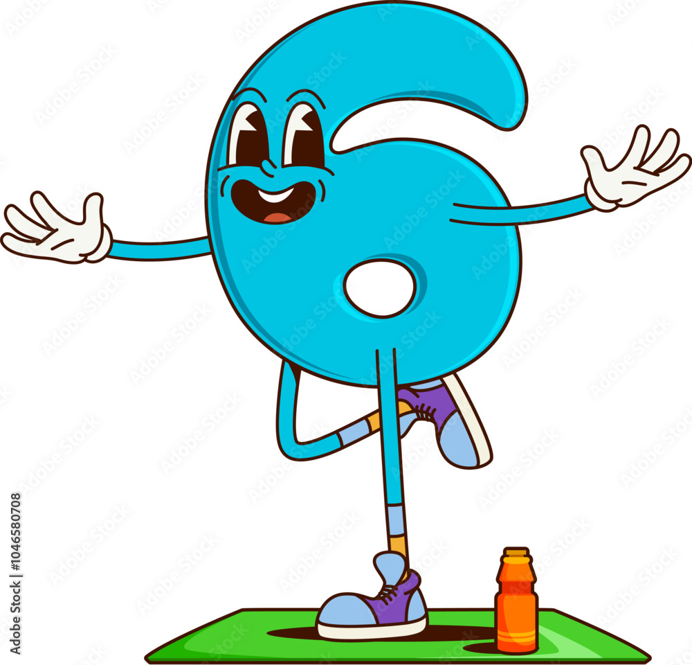 Poster math number six groovy happy character on fitness. kids education numeric symbol groovy vector perso