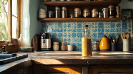 Coastal kitchen with an empty spice holder.