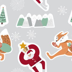 Fototapeta premium Merry Christmas and Happy New Year! Seamless pattern, sports santa, new year symbol, hand drawn vector illustration.