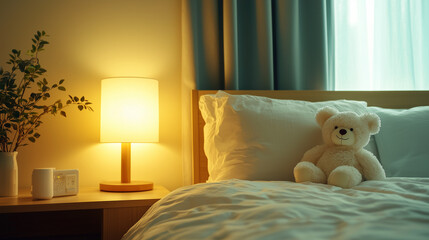 Fluffy teddy bear on a neatly made bed with a warm bedside lamp and plant decor.