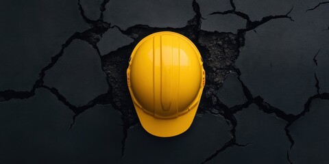 Minimalist top-down view of yellow construction helmet on cracked surface