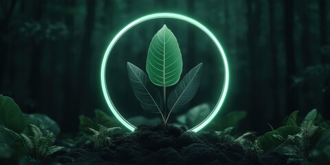 Eco-friendly green leaf logo in neon light circle frame for sustainable design