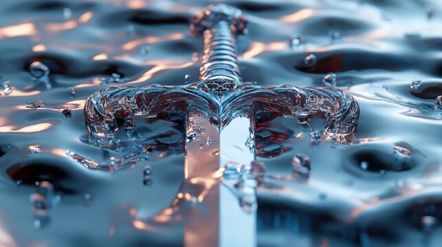 A silver sword with an ornate handle is partially submerged in water, with the hilt of the sword protruding above the surface. 